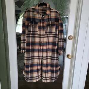 Unbranded Long Plaid Shacket Size S Brown Black Cream
